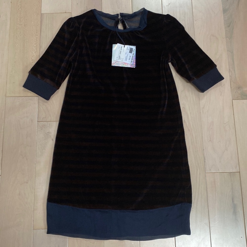 Simonetta girls soft velvet navy brown dress 10
